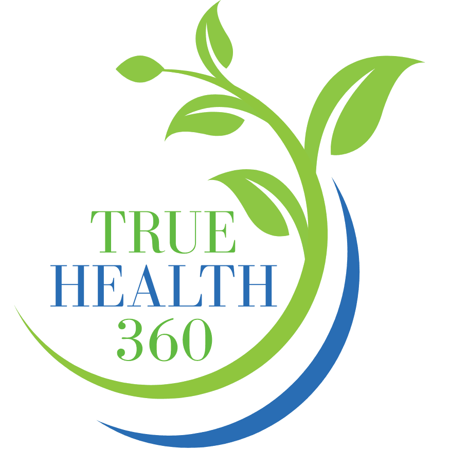 True Health 360 logo with green leaves.