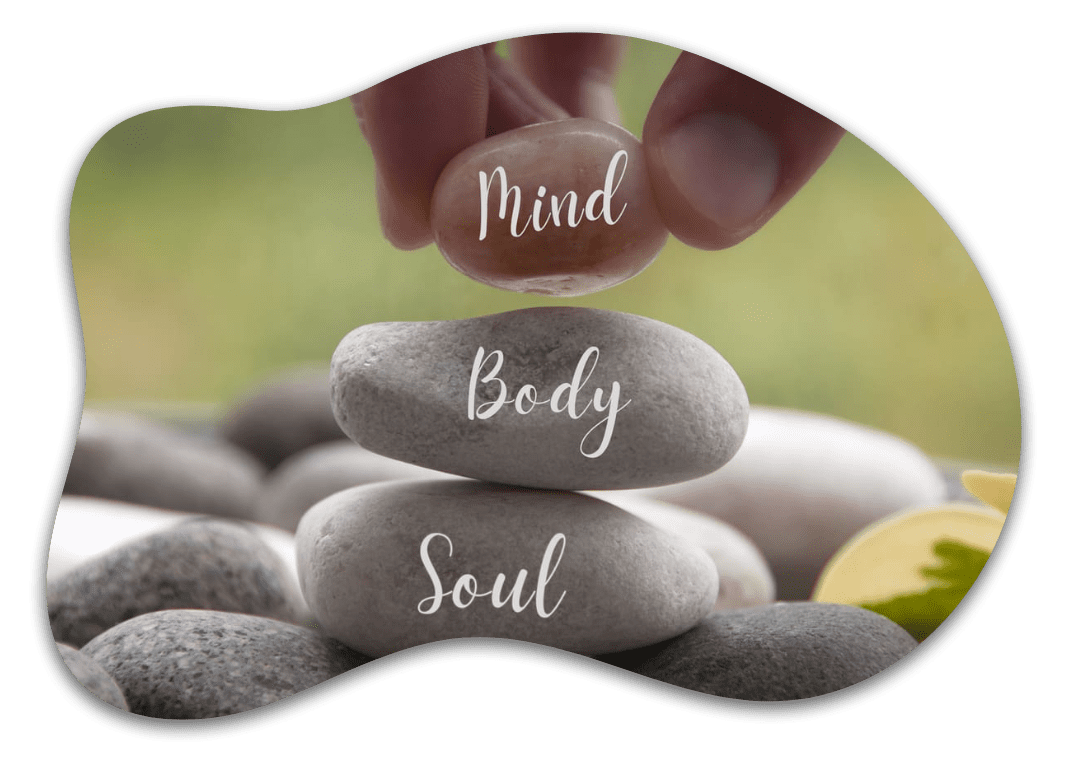 Stacked stones labeled mind, body, soul.