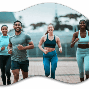 Four people jogging outdoors, smiling together.