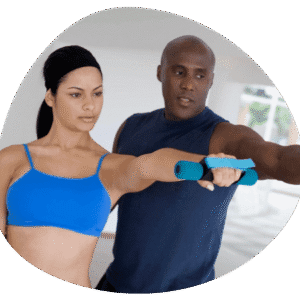 Two people exercising with small weights.